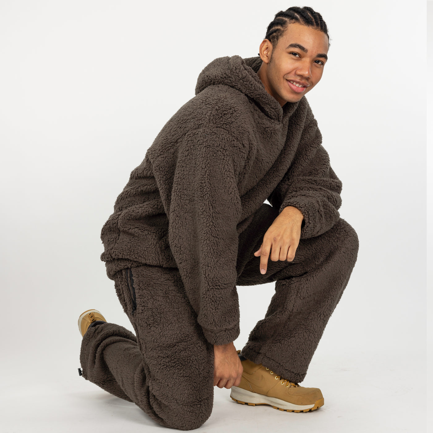 Mens Micro-poly Sherpa Fleece Hoodie - Major Brown