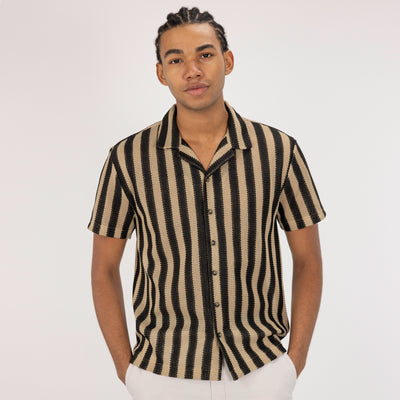 Textured Woven Crochet Camp Shirt  - Starfish / Black Straight Stripe