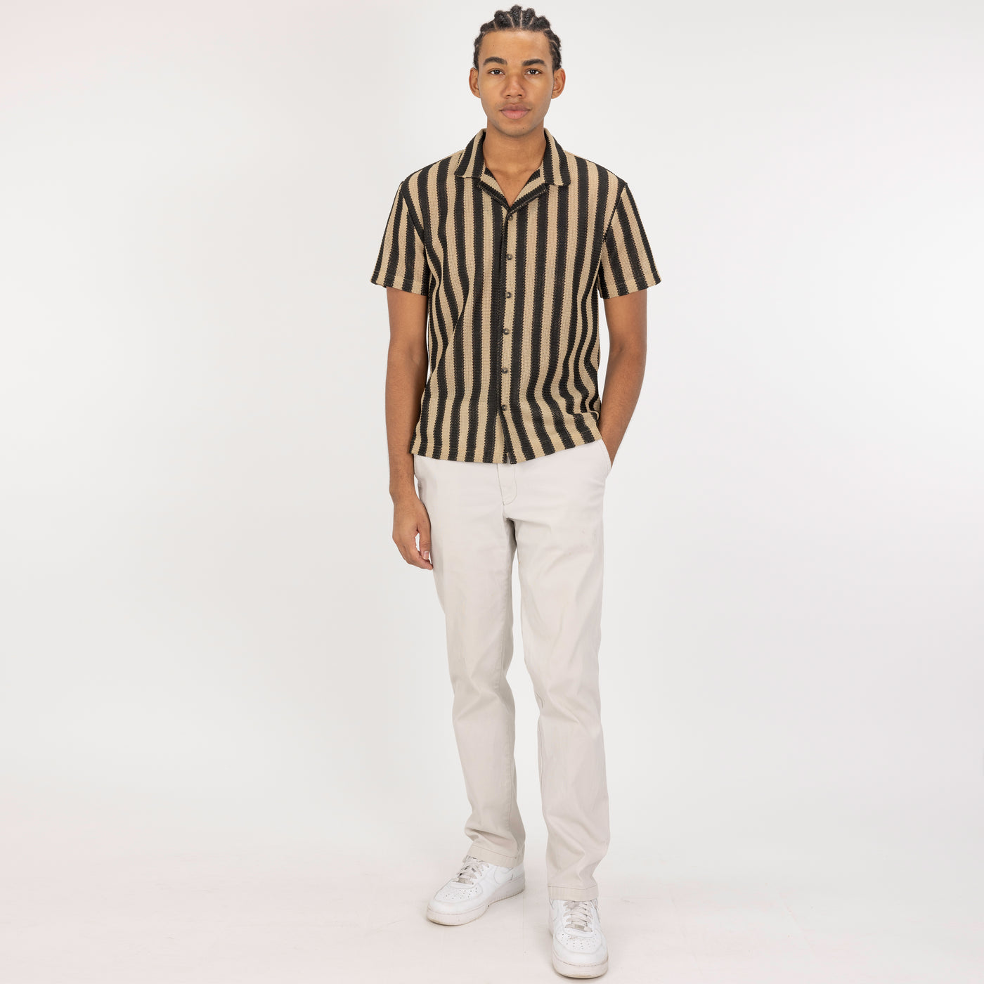 Textured Woven Crochet Camp Shirt  - Starfish / Black Straight Stripe