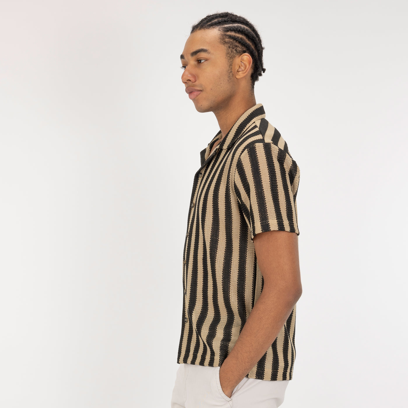 Textured Woven Crochet Camp Shirt  - Starfish / Black Straight Stripe