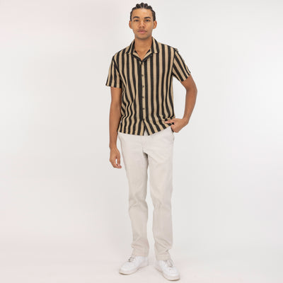 Textured Woven Crochet Camp Shirt  - Starfish / Black Straight Stripe