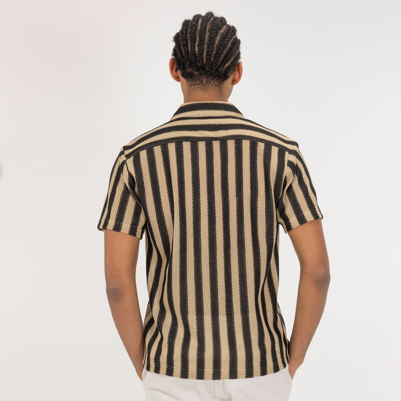 Textured Woven Crochet Camp Shirt  - Starfish / Black Straight Stripe