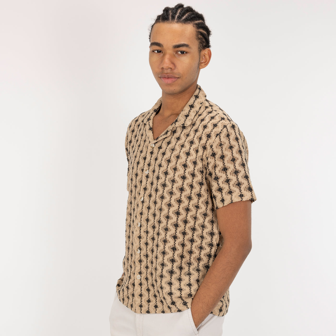 Textured Woven Crochet Camp Shirt  - Starfish / Black Stripe And Dot