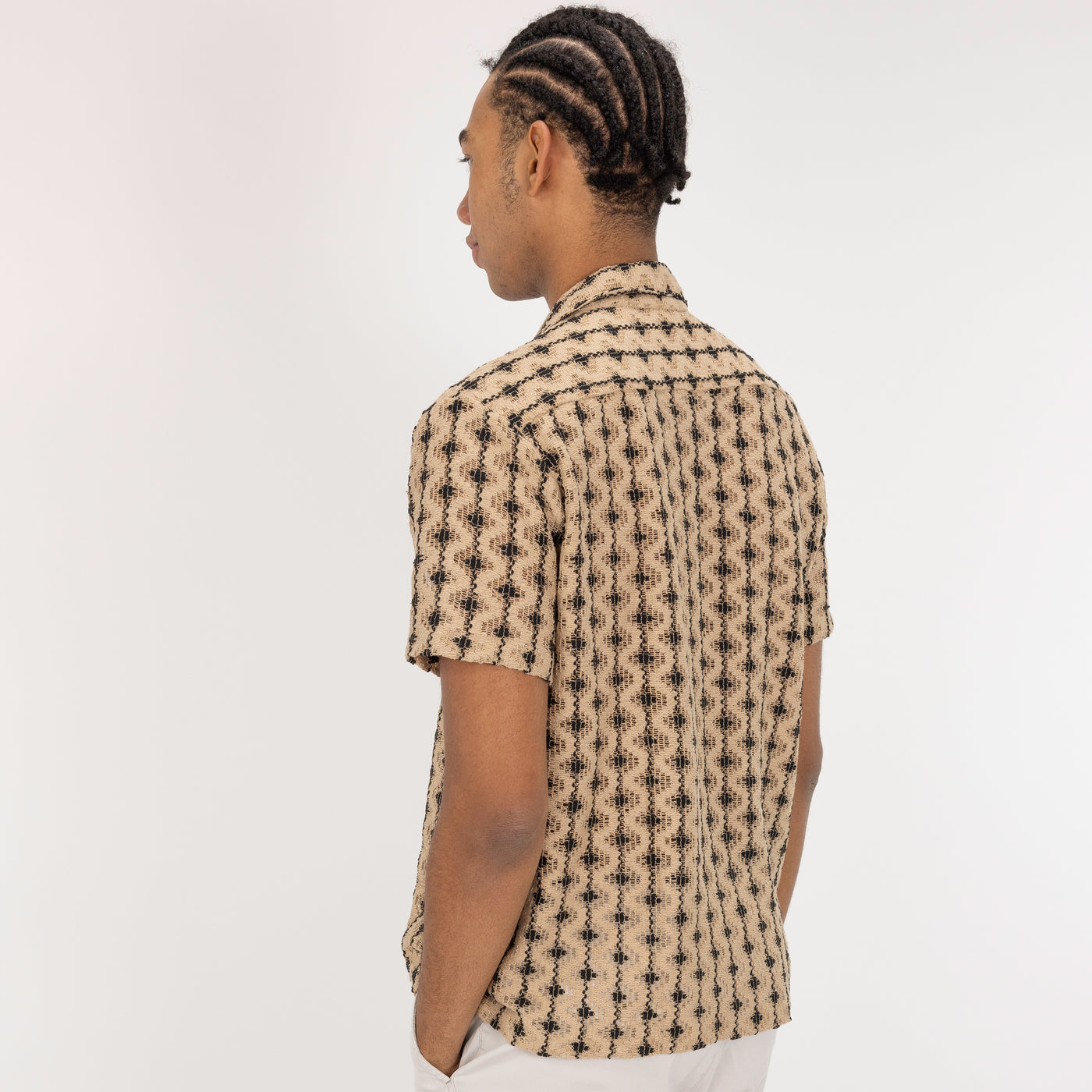 Textured Woven Crochet Camp Shirt  - Starfish / Black Stripe And Dot