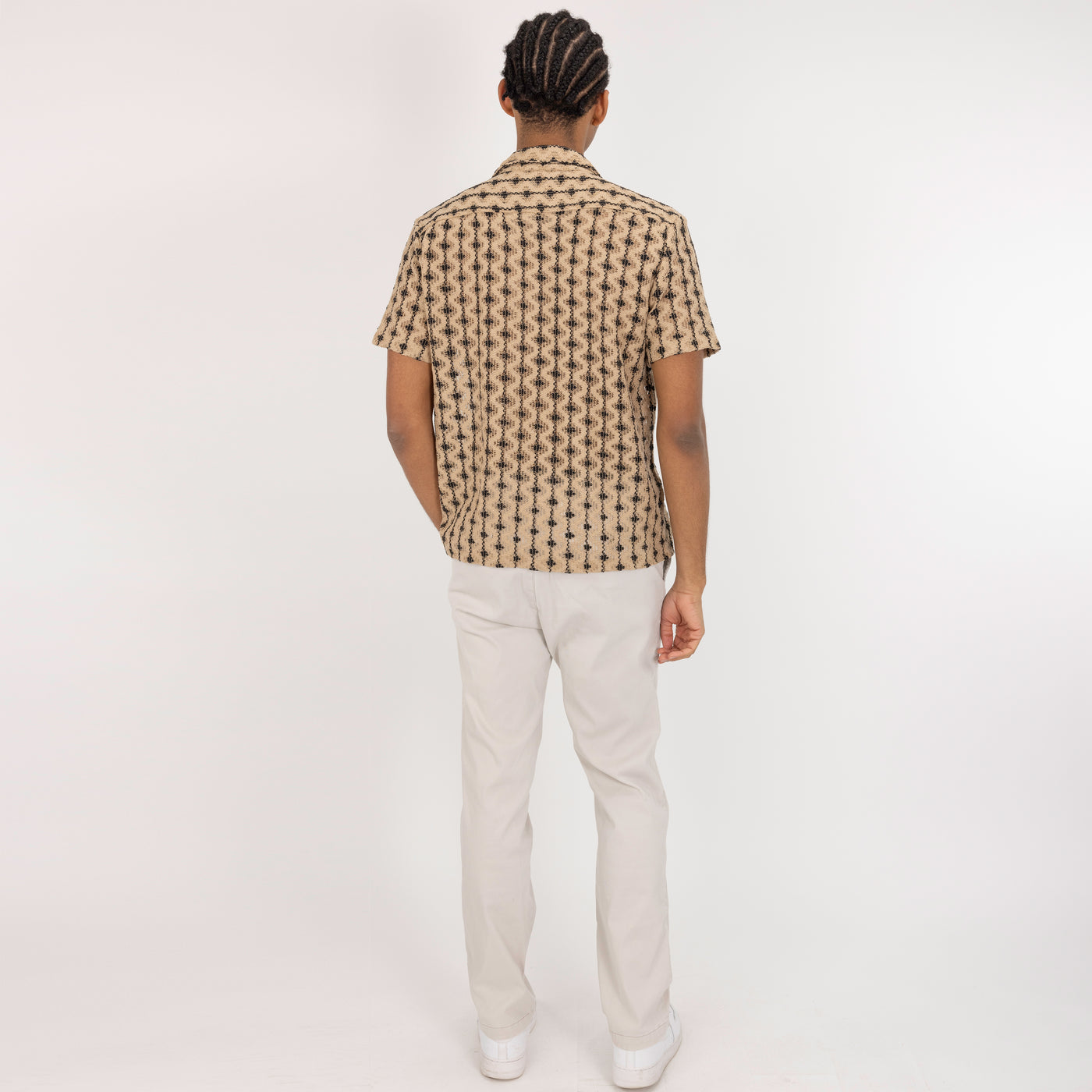 Textured Woven Crochet Camp Shirt  - Starfish / Black Stripe And Dot