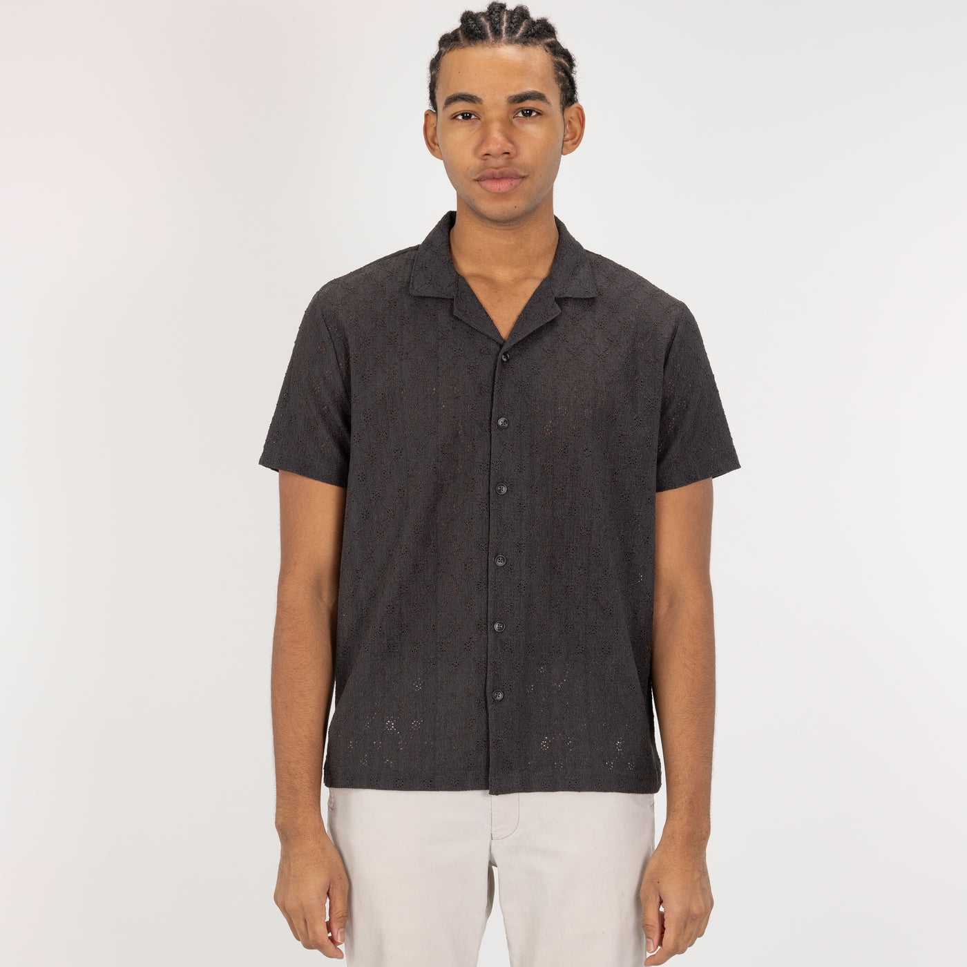 Textured Woven Eyelet Camp Shirt  - Beluga / Eyelet