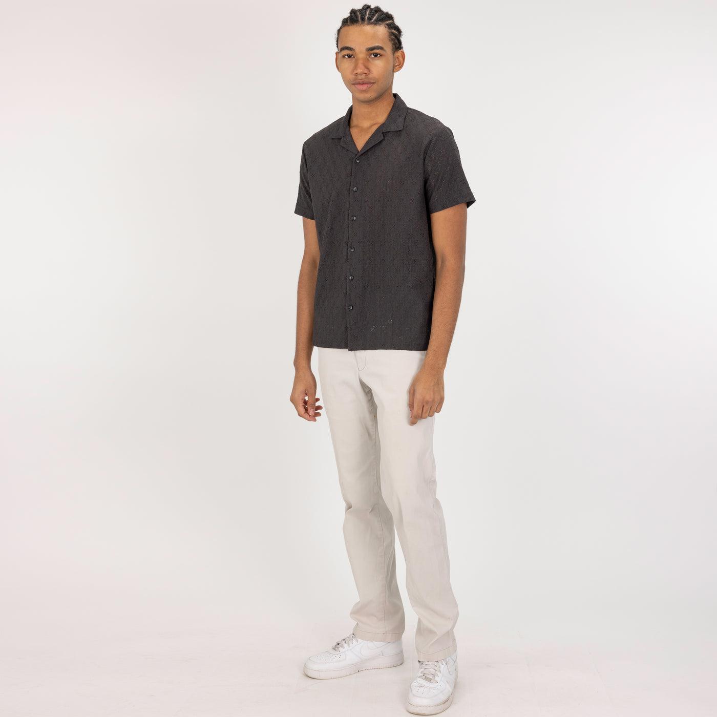 Textured Woven Eyelet Camp Shirt  - Beluga / Eyelet